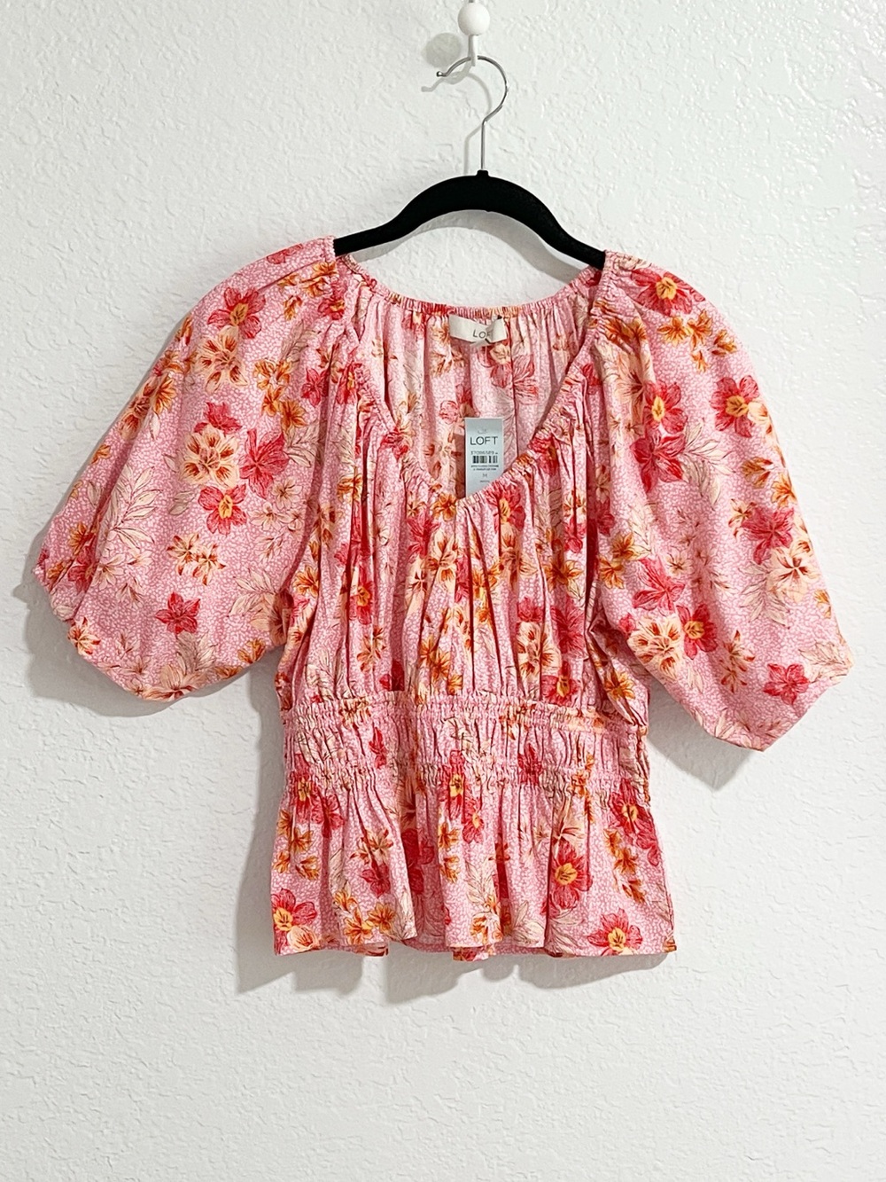 NWT!  LOFT Pink Floral Smocked Peplum Top Puff Sleeves Medium Cottage Boho